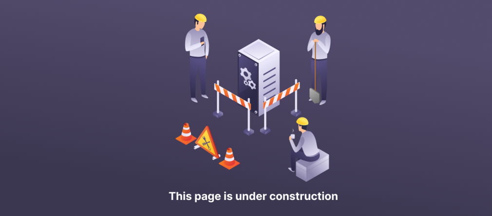 Construction works, three people are standing next to the server box. Text: This page is under construction.