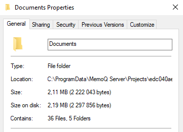 Folder Properties window showing the General tab with the project's folder, type, location, size, size on disk, and how many files and folders it contains.