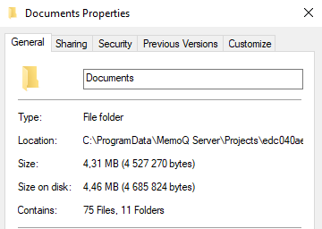Documents Properties window showing General tab with document's folder, type, Location, size, size on disk, and how many files and folders it contains. The numbers show the state after importing a file of the same size.