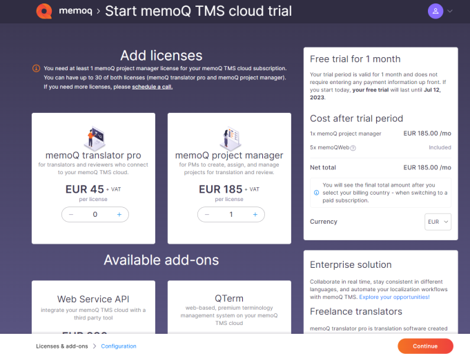 Start memoQ TMS cloud trial page showing available licenses and add-ons. On the right, there's a financial summary showing cost after the trial period and enterprise solution sections; at the bottom, there's the Continue button.